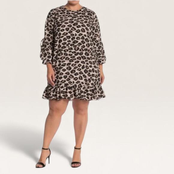 Eliza J. Cheetah Leopard Print Ruffle Cuff/Hem Mini Shift Dress - Size 8 - Picture 3 of 15